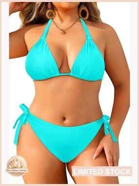 Plus Size Triangle Bikini Set Halter String Bathing Suit Tie Side Swimwear Two
